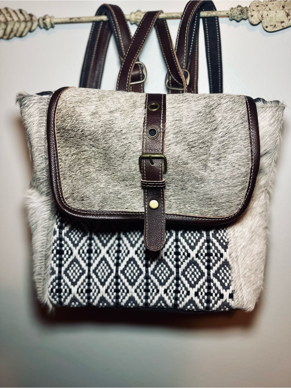 Myra Bag Hair-On Hide Leather Backpack Black White Western Boho Cowhide